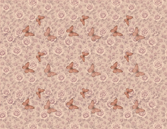 Pattern of butterflies and roses on a pink background