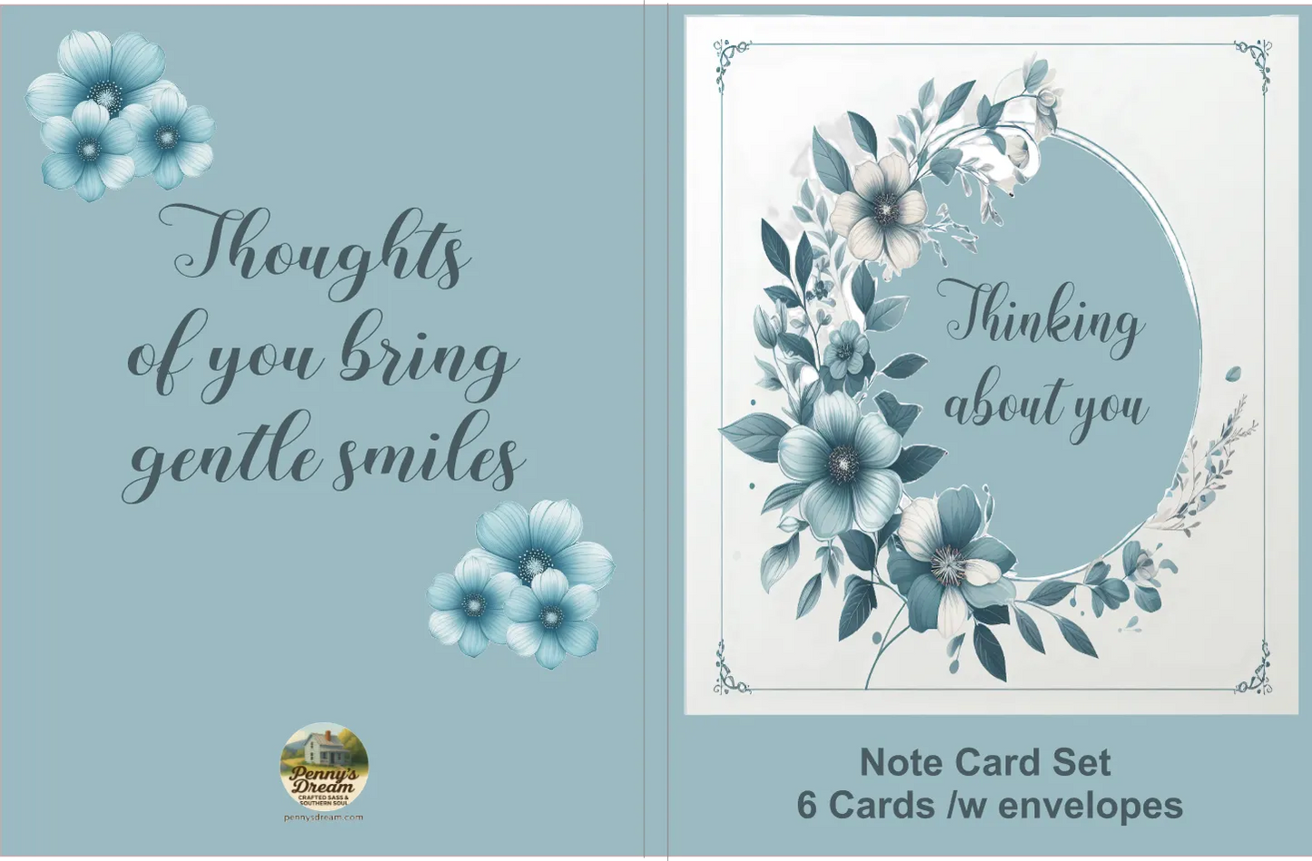Note card set with floral design and text on a blue background
