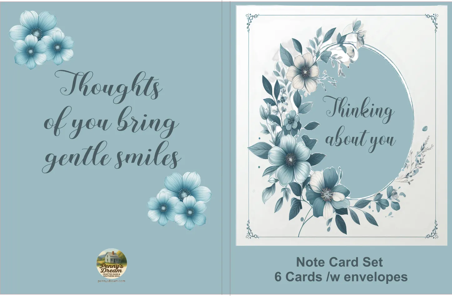 Note card set with floral design and text on a blue background