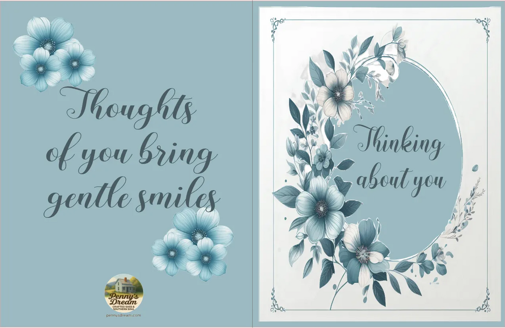 Two floral-themed cards with text and decorative elements on a light blue background.
