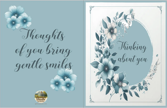 Two floral-themed cards with text and decorative elements on a light blue background.