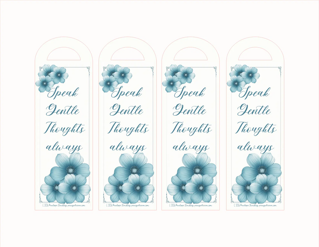 Four arched white hanging tags with blue floral illustrations and the phrase 'Speak Gentle Thoughts always' printed in blue script, shown on a plain white background.