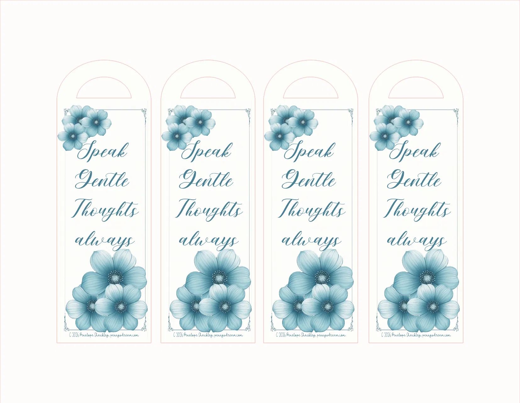 Four arched white hanging tags with blue floral illustrations and the phrase 'Speak Gentle Thoughts always' printed in blue script, shown on a plain white background.