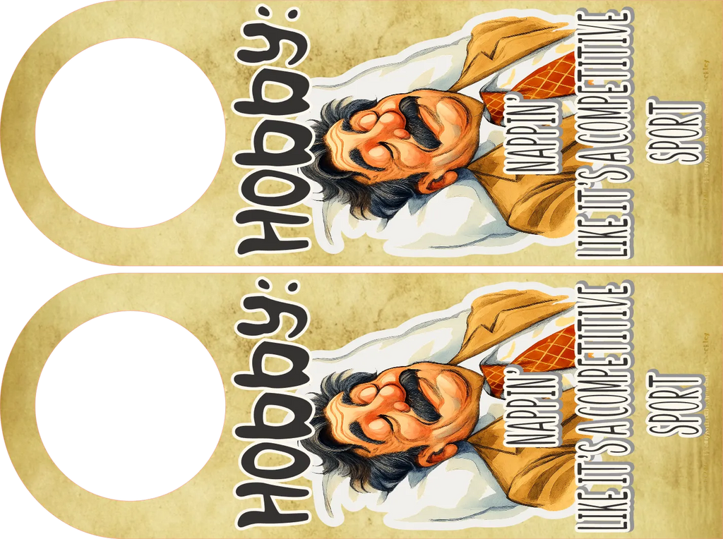 Two door hangers with a cartoon character and text on a gold background