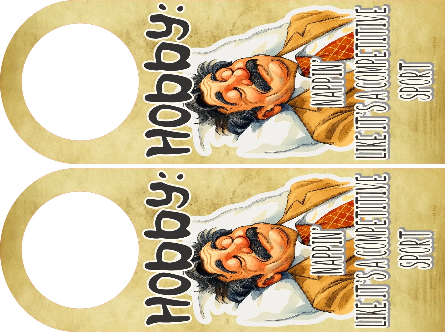 Two door hangers with a cartoon character and text on a gold background