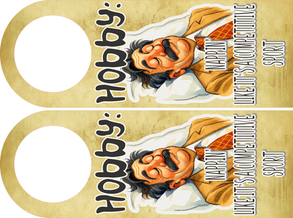 Two door hangers with a cartoon character and text on a gold background