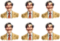 Cartoon illustration of a man with exaggerated facial expressions in multiple poses.