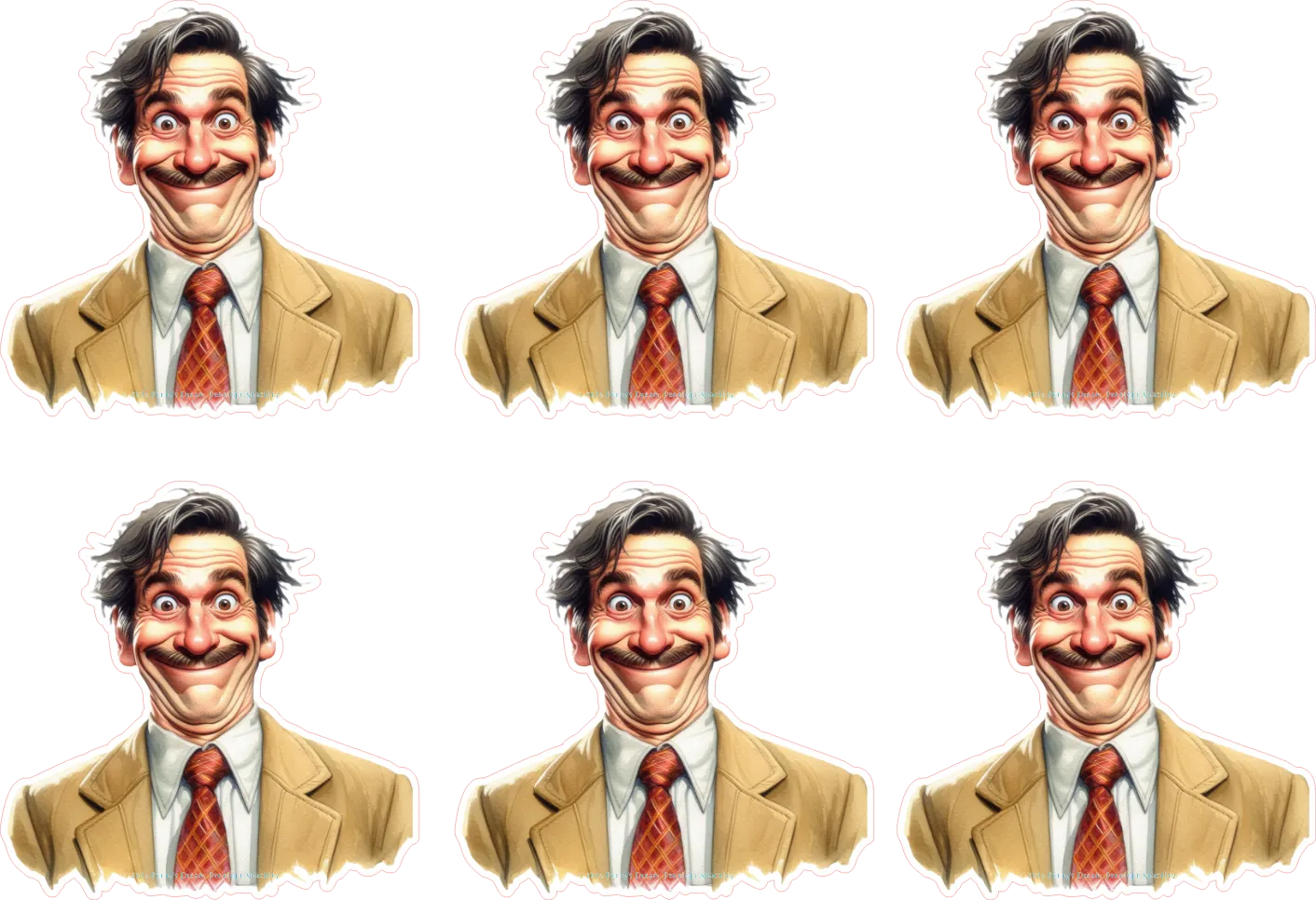 Cartoon illustration of a man with exaggerated facial expressions in multiple poses.
