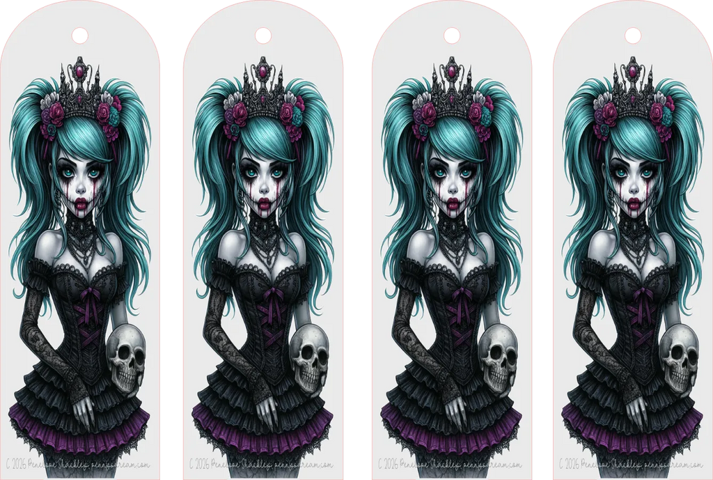 Four identical gothic-themed bookmarks shown side by side on a white background. Each tag features an illustrated girl with teal hair, a black and purple dress, a crown with flowers, and a skull.