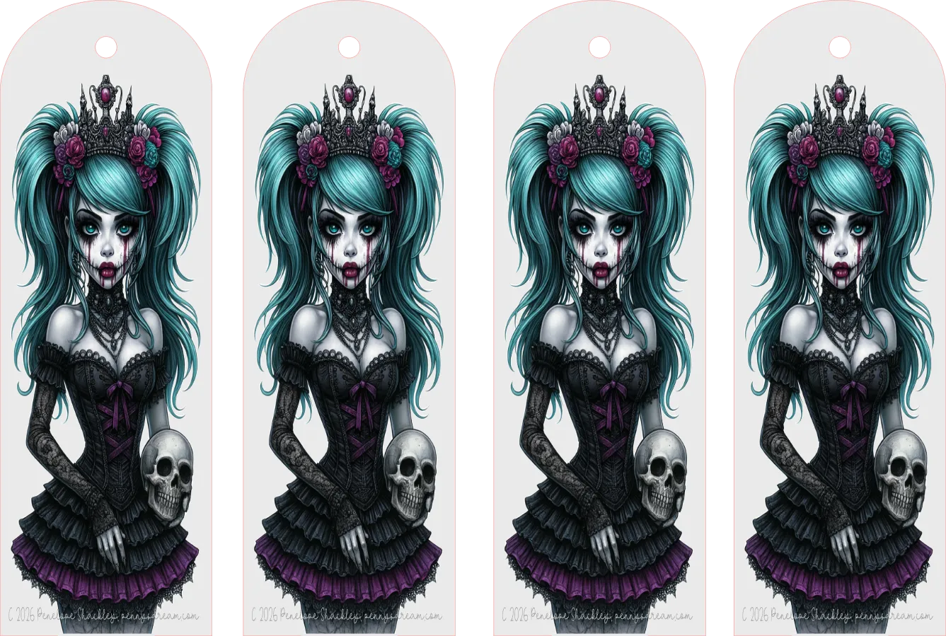 Four identical gothic-themed bookmarks shown side by side on a white background. Each tag features an illustrated girl with teal hair, a black and purple dress, a crown with flowers, and a skull.