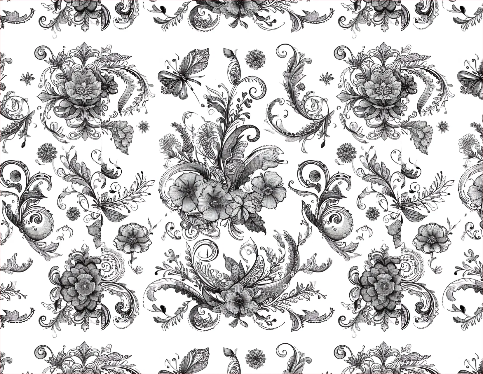 Black and white damask pattern featuring intricate floral bouquets, butterflies, and ornate scrollwork on a white background.