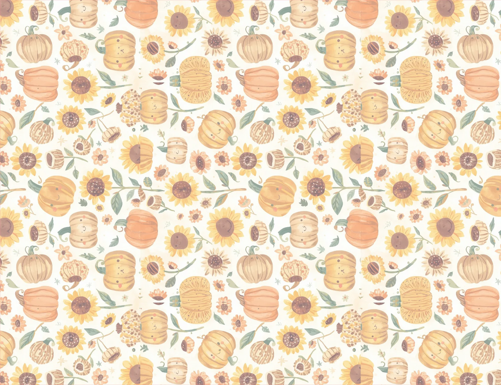 Pattern of pumpkins and sunflowers on a white background