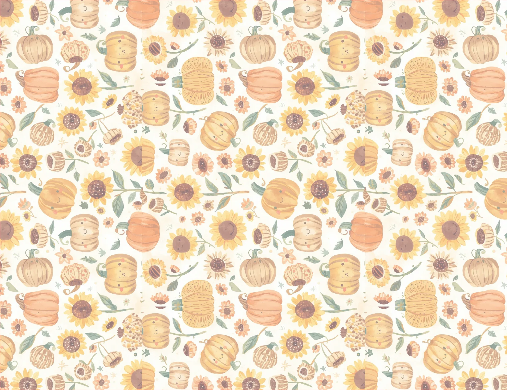 Pattern of pumpkins and sunflowers on a white background