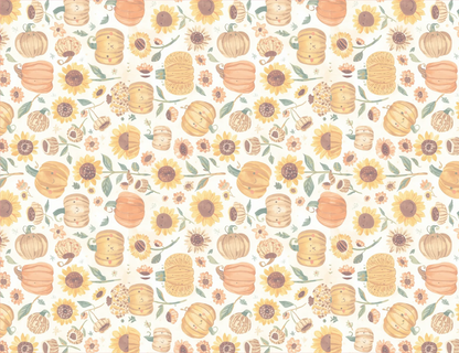 Pattern of pumpkins and sunflowers on a white background
