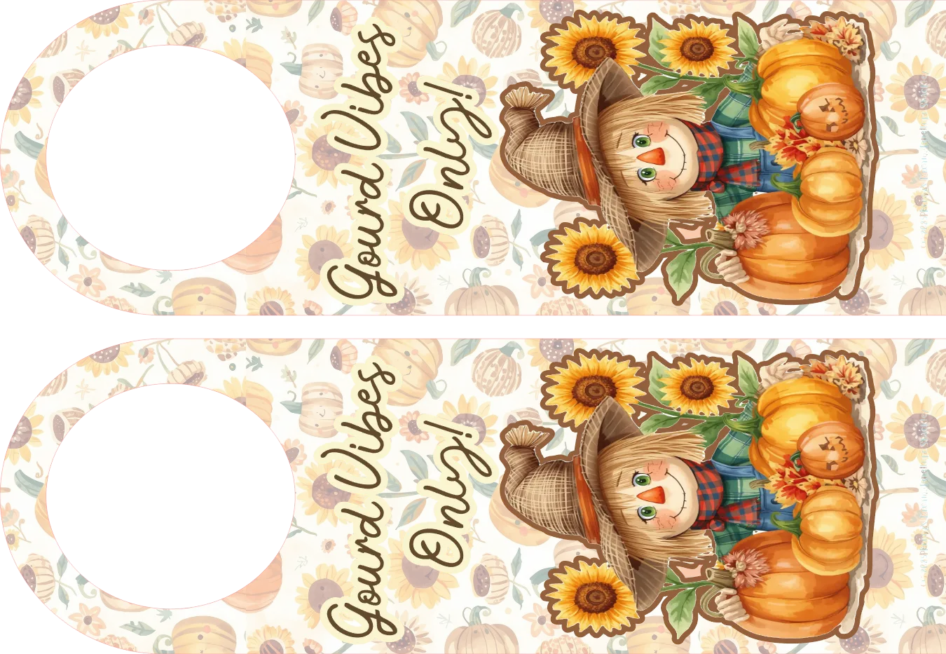 Two autumn-themed labels with scarecrows, pumpkins, and sunflowers on a white background.