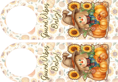 Two autumn-themed labels with scarecrows, pumpkins, and sunflowers on a white background.