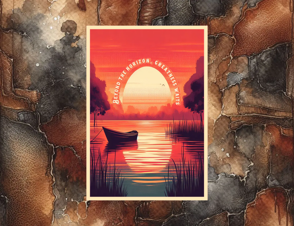 Surreal landscape with a boat on water, sunset, and text 'Beyond the horizon, greatness waits' on a textured brown background.