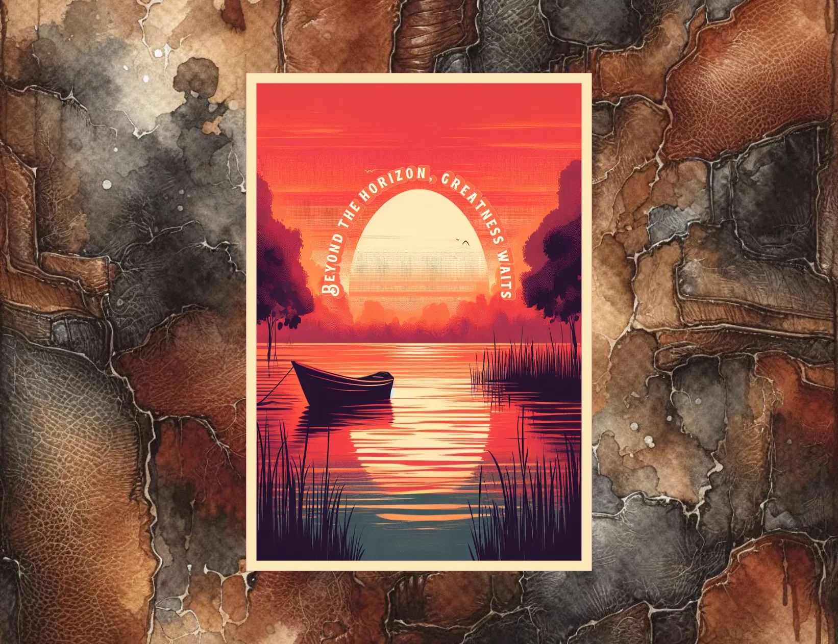 Surreal landscape with a boat on water, sunset, and text 'Beyond the horizon, greatness waits' on a textured brown background.