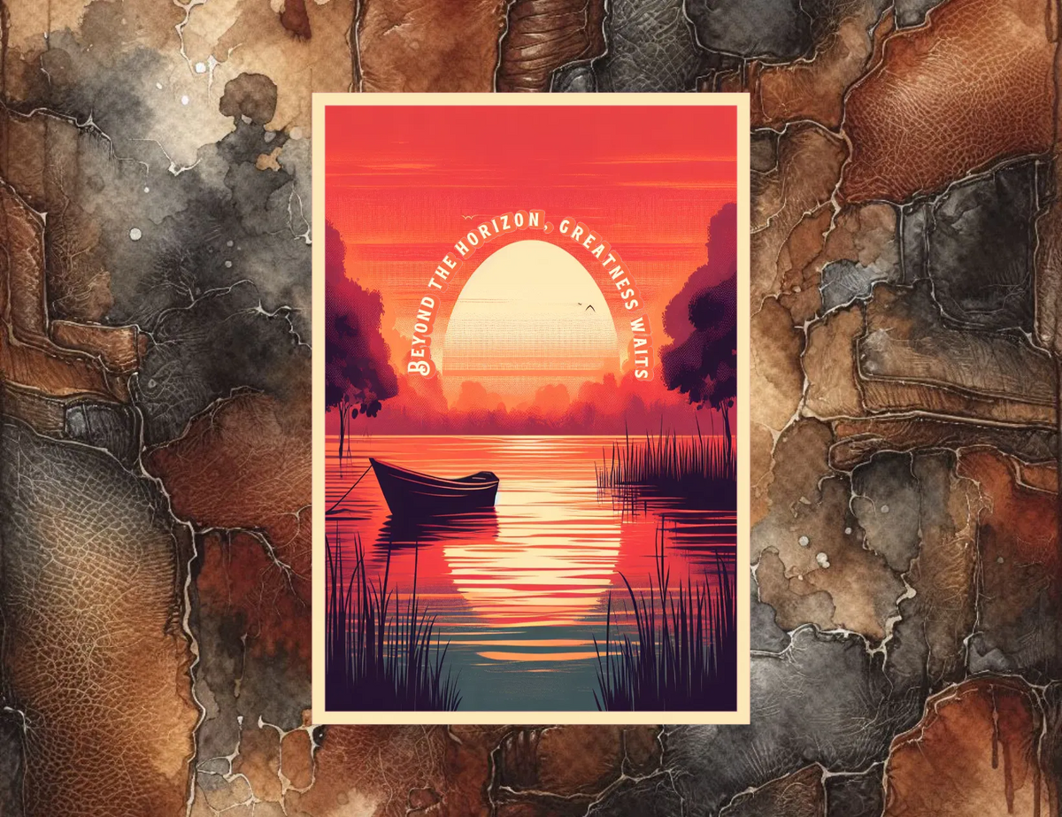 Surreal landscape with a boat on water, sunset, and text 'Beyond the horizon, greatness waits' on a textured brown background.