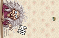 Cartoon character with long hair and large eyes peeking from a door on a floral background