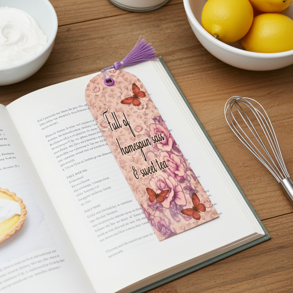 Book with a decorative bookmark featuring butterflies and text, on a wooden table with lemons and a whisk.