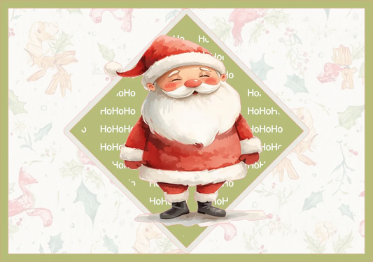 Cartoon Santa Claus with 'Ho Ho Ho' text on a decorative background