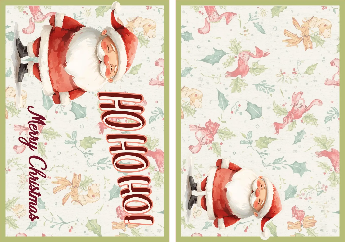 Two Christmas-themed cards with Santa Claus and floral designs on a green border.