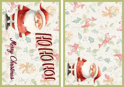 Two Christmas-themed cards with Santa Claus and floral designs on a green border.