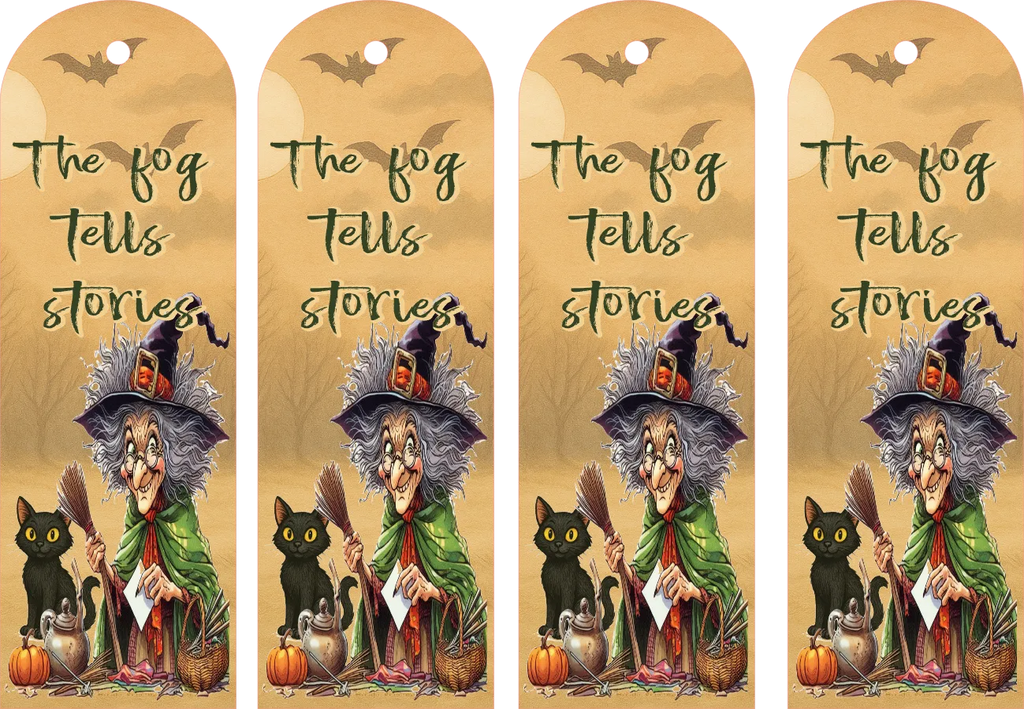 Four identical bookmarks featuring a witch, black cat, and pumpkin with text 'The fog tells stories' on a gold background.