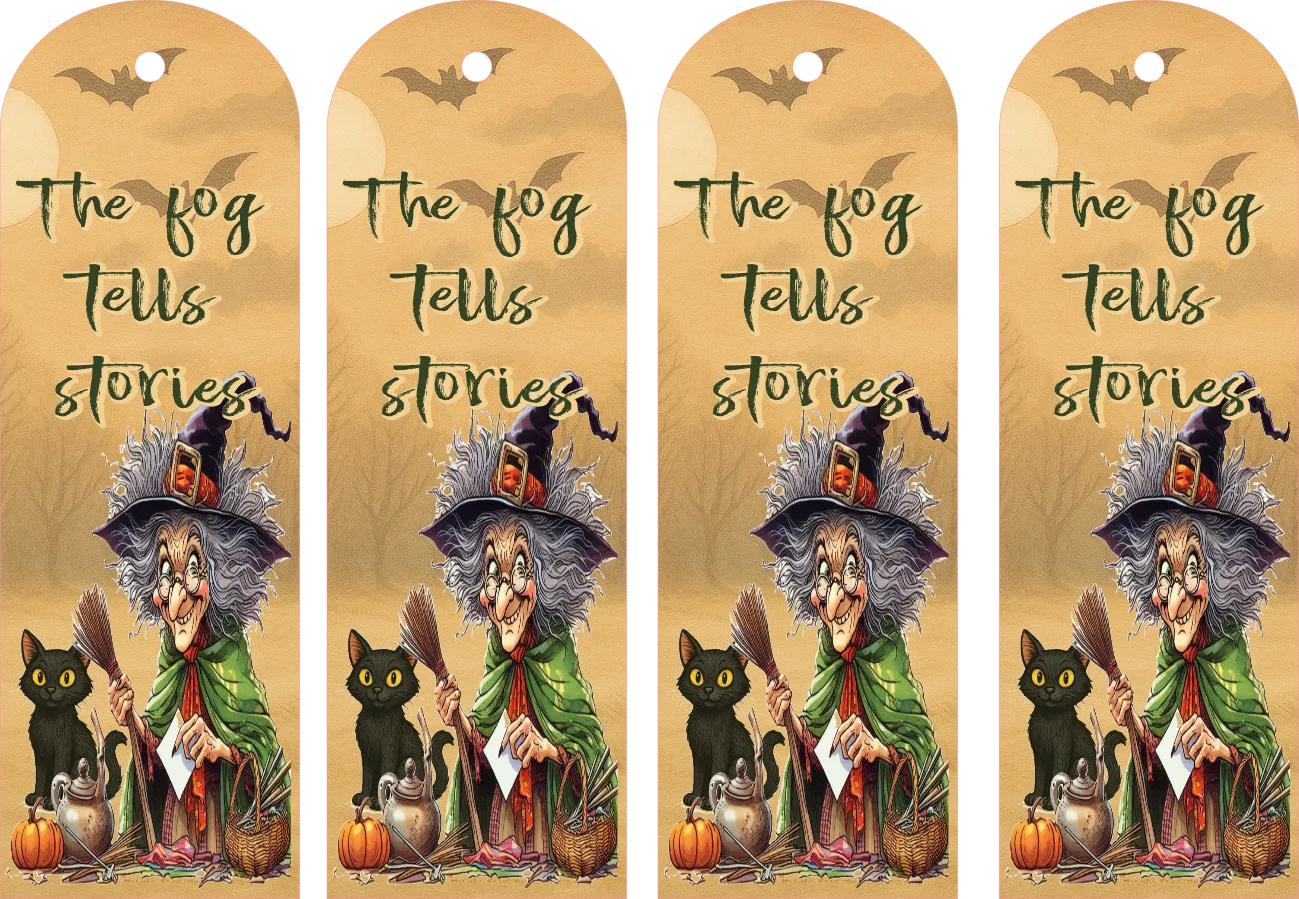 Four identical bookmarks featuring a witch, black cat, and pumpkin with text 'The fog tells stories' on a gold background.