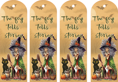 Four identical bookmarks featuring a witch, black cat, and pumpkin with text 'The fog tells stories' on a gold background.