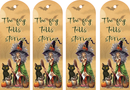Four identical bookmarks featuring a witch, black cat, and pumpkin with text 'The fog tells stories' on a gold background.