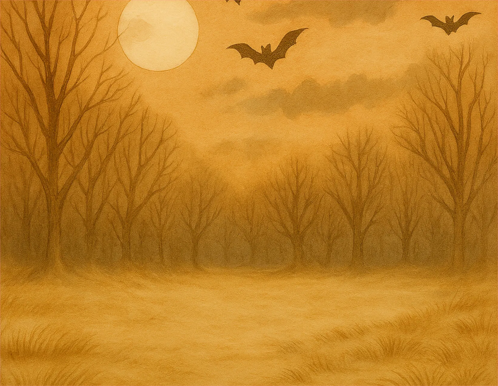 Halloween-themed scene with bats flying over a misty forest at night.