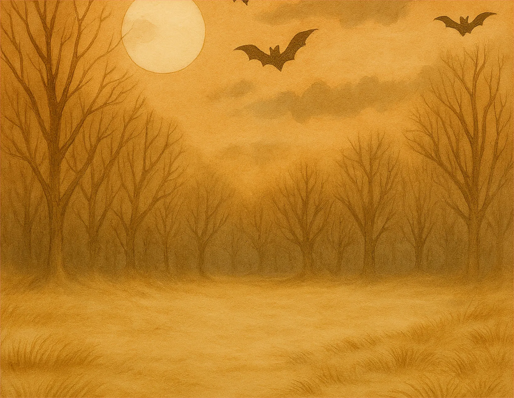 Halloween-themed scene with bats flying over a misty forest at night.