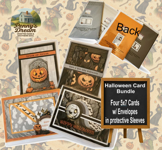 Halloween card bundle with pumpkins and ghosts on a patterned background