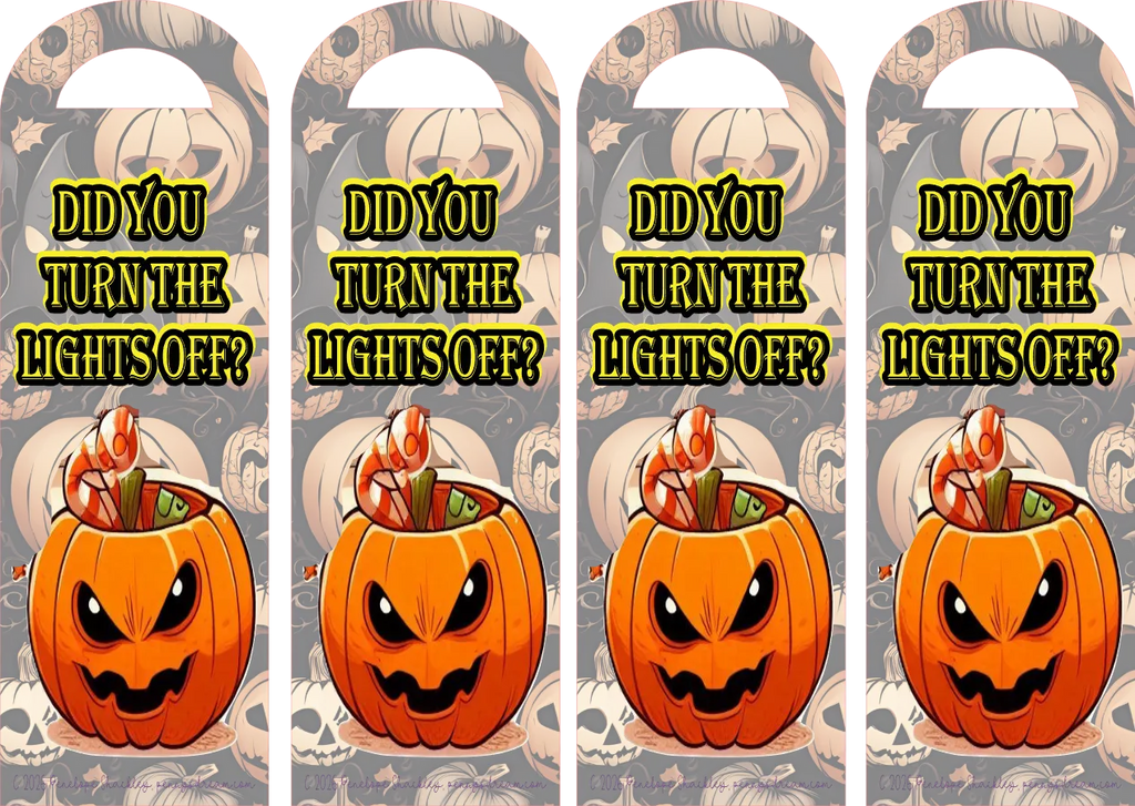 Four identical Halloween bookmarks with a pumpkin and text 'Did you turn the lights off?' on a patterned background.