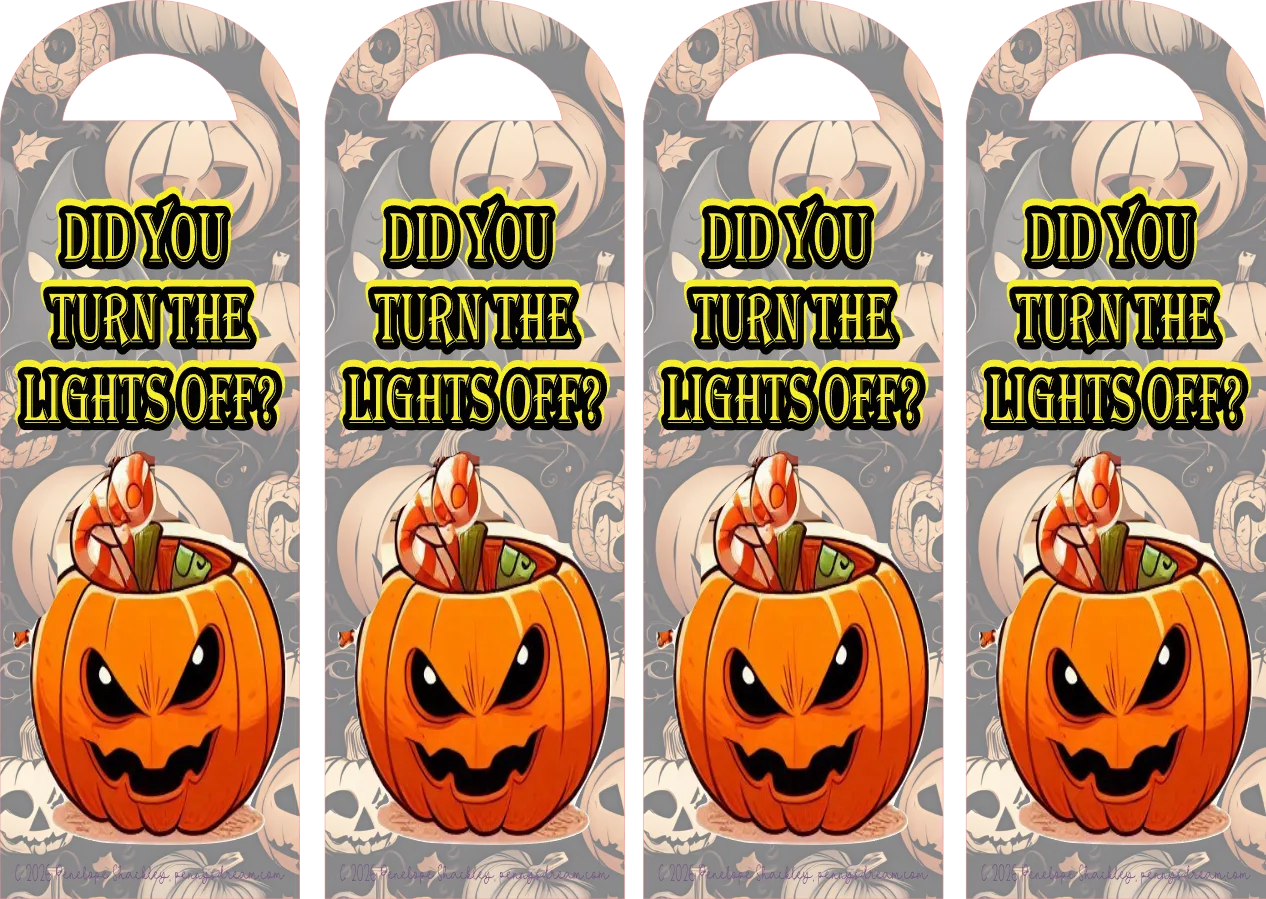 Four identical Halloween bookmarks with a pumpkin and text 'Did you turn the lights off?' on a patterned background.