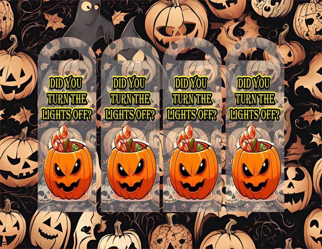 Halloween-themed product packaging with pumpkins and ghost, featuring text 'Did you turn the lights off?'