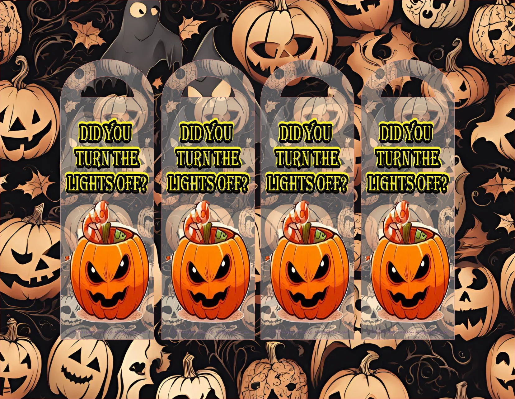 Halloween-themed product packaging with pumpkins and ghost, featuring text 'Did you turn the lights off?'