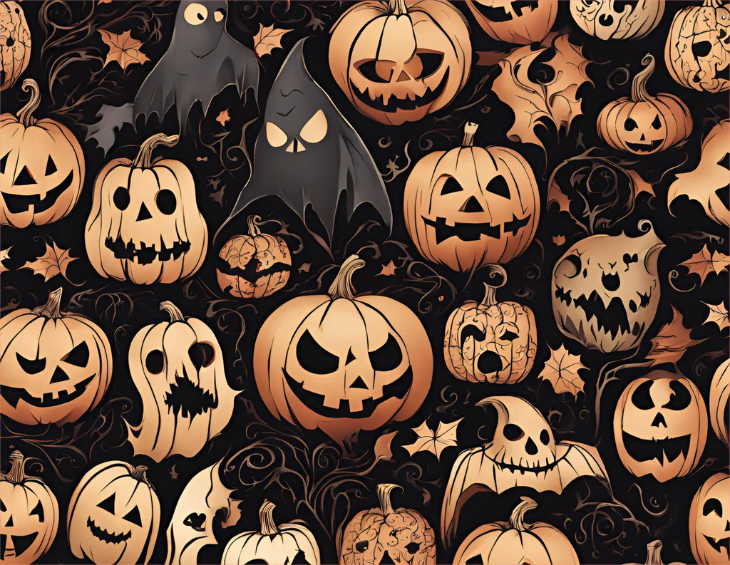 Halloween-themed pattern with pumpkins and ghosts on a dark background