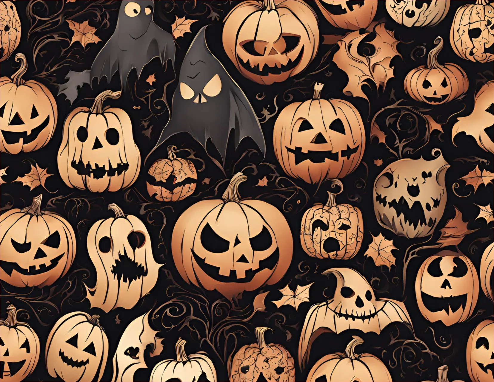 Halloween-themed pattern with pumpkins and ghosts on a dark background