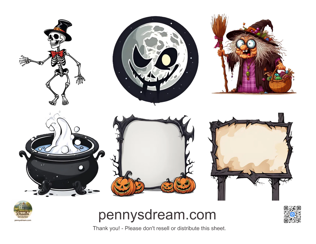 Set of Halloween-themed illustrations including a skeleton, witch, ghost, and pumpkins on a white background.