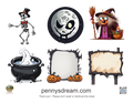 Set of Halloween-themed illustrations including a skeleton, witch, ghost, and pumpkins on a white background.