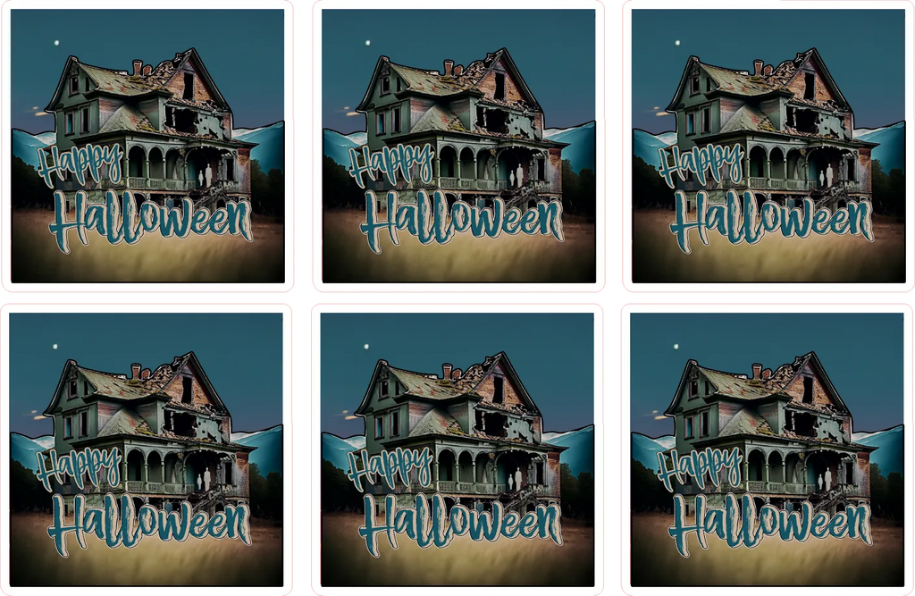 Haunted house with 'Happy Halloween' text on a dark blue background