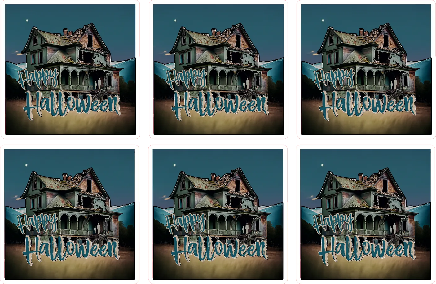 Haunted house with 'Happy Halloween' text on a dark blue background