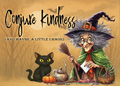 Cartoon witch with a black cat, broom, and pumpkin on a Halloween-themed background with text 'Conjure Kindness (and maybe a little chaos)'.