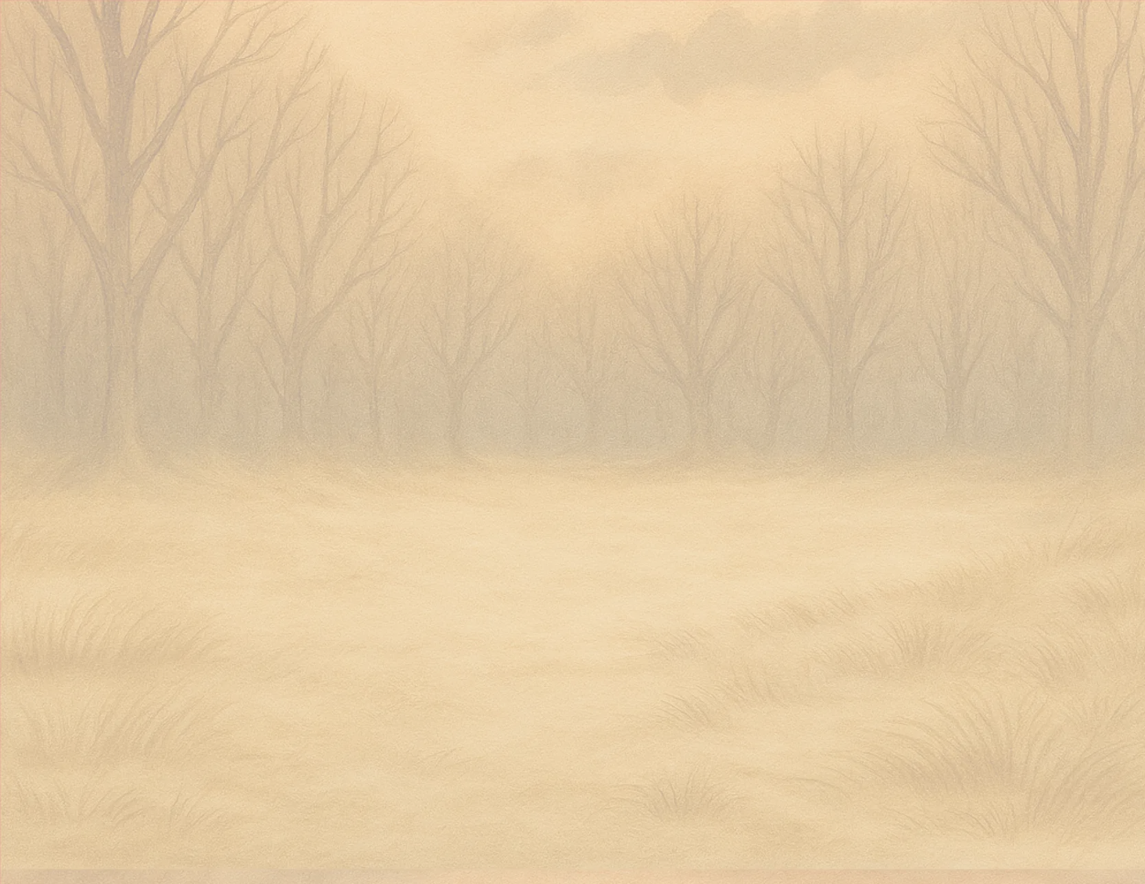 Hazy landscape with bare trees and a field in soft beige tones