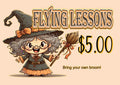 Cartoon witch holding a broom with 'Flying Lessons' sign and price on beige background