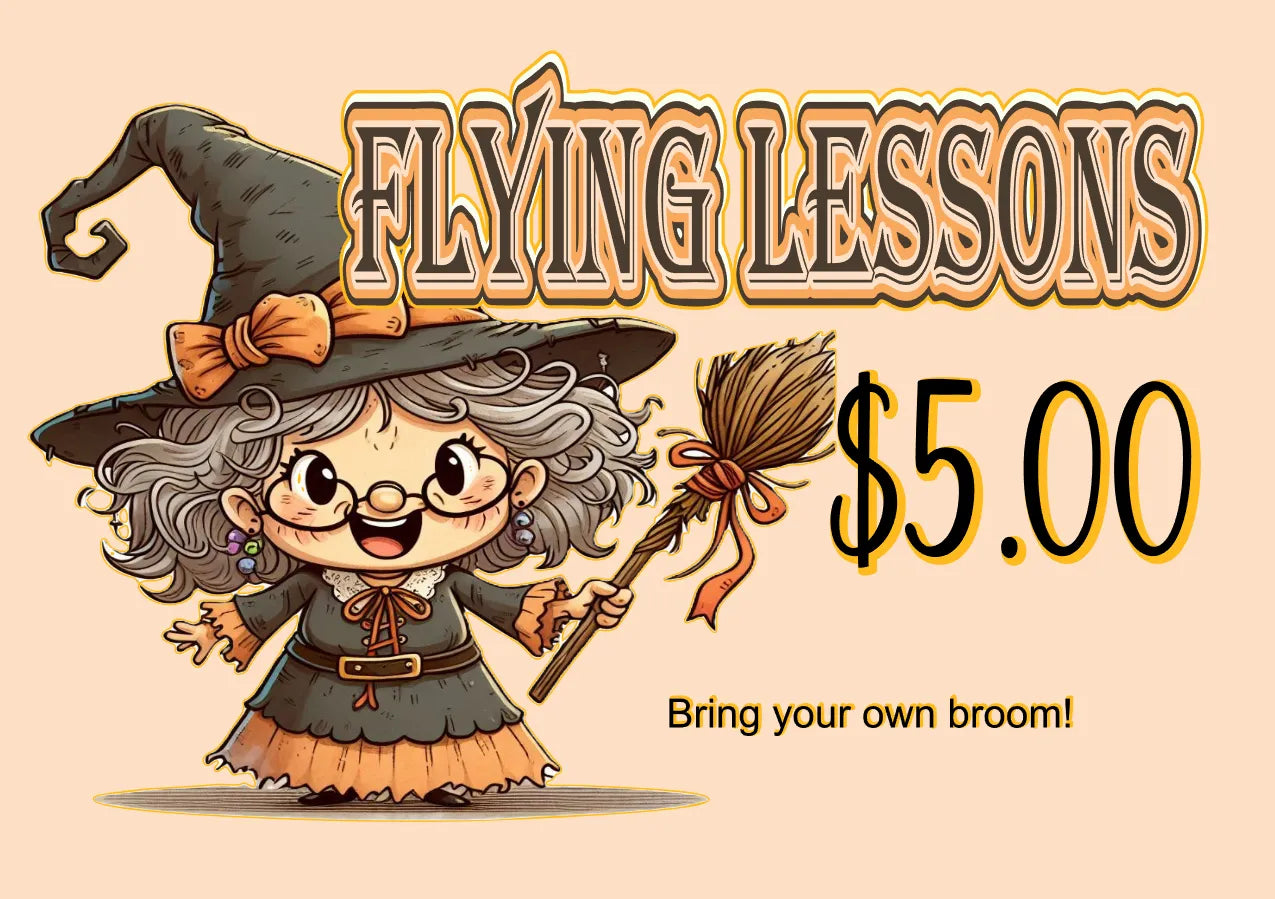 Cartoon witch holding a broom with 'Flying Lessons' sign and price on beige background