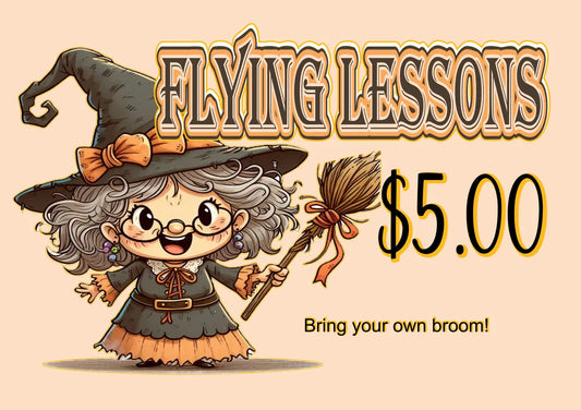 Cartoon witch holding a broom with 'Flying Lessons' sign and price on beige background